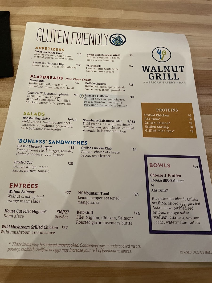 Gluten friendly menu