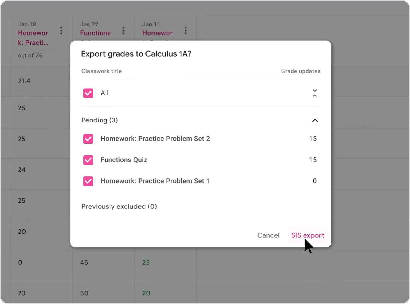 A screenshot of a UI shows how a teacher can easily export mark updates from three different assignments.