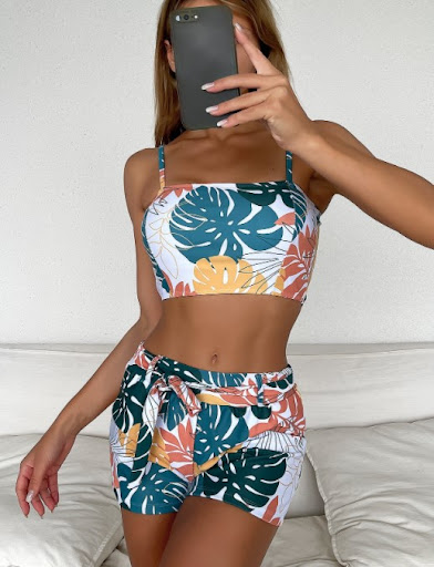 Title 5, Multicolor Rainforest Print Split Boxer Swimsui...