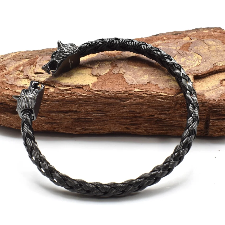 Bracelet Tressé Viking en Acier Inoxydable avec Tête de Loup et Ouverture, Style Nordique, Robuste et Tendance