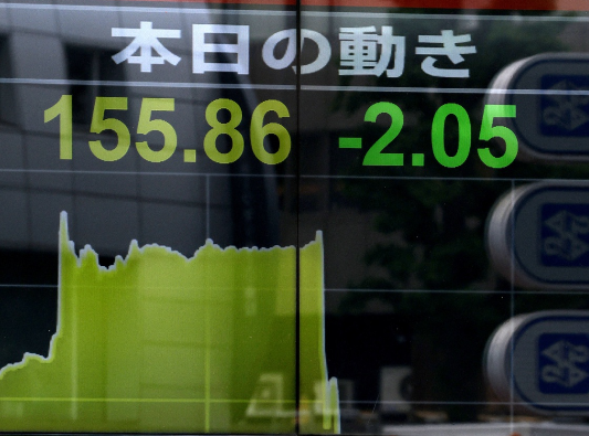An electric screen displaying the current Japanese Yen exchange rate against the US dollar is pictured in Tokyo, Japan, on April 29 2024. Picture: KYODO via REUTERS
