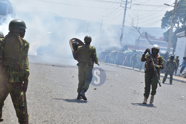 Anti-government protesters engage anti-riot police officers running battles at Jua Kali on July 19, 2023.