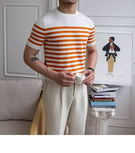 Title 8, Trendy All-matching Striped T-shirt Mens Short...