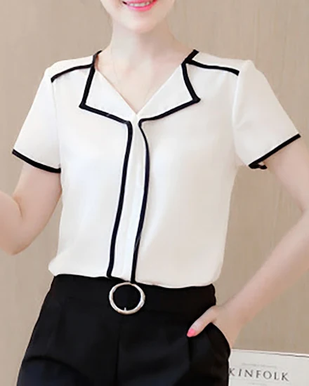 Short Sleeved Chiffon Standing Collar Women's Shirt Summe... - 2