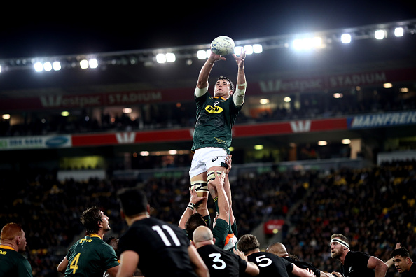 Franco Mostert of South Africa takes the ball in the lineout during The Rugby Championship match between the New Zealand All Blacks and the South Africa Springboks at Westpac Stadium on September 15, 2018 in Wellington, New Zealand.