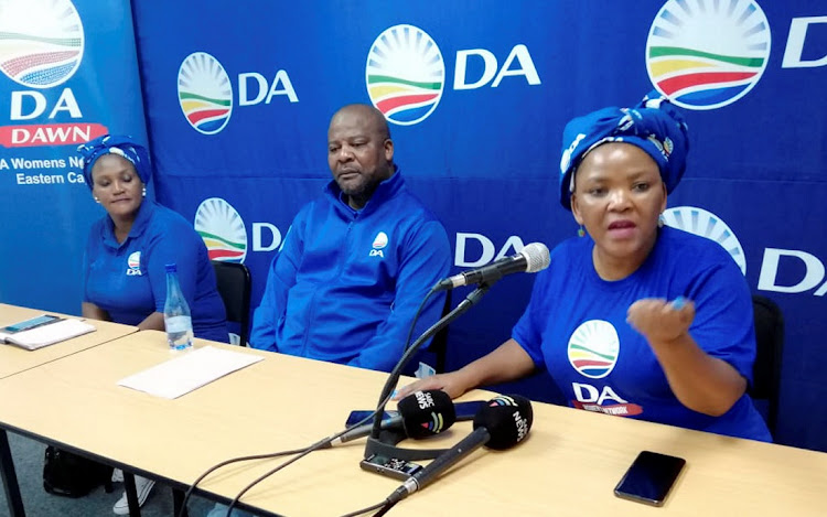 DA women's network Eastern Cape leader Georgina Faldtman, left, provincial leader Nqaba Bhanga, and Women's Network national leader Nomafrench Mbombo