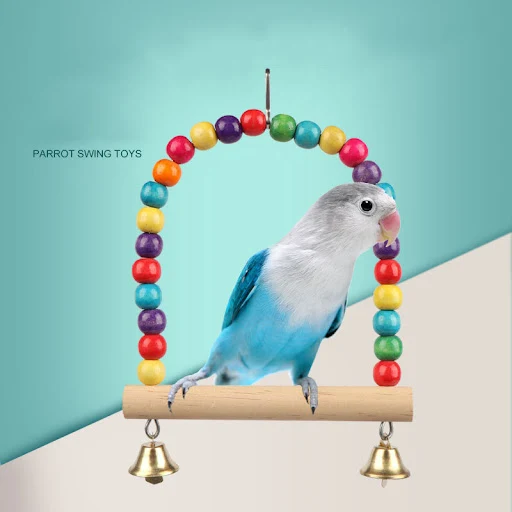1PC Durable Wooden Parrots Stand Swing Toy Birds Colorful Beads Bird Supplies Bells Toys Perch Hanging Swings Cage for P