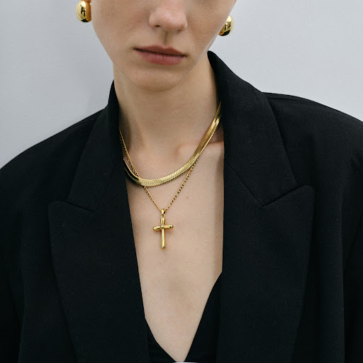 Title 7, 18K Gold Stainless Steel Cross Shelf Necklace, ...
