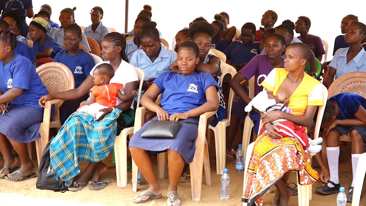 Some of the teenage mothers who are the beneficiaries of the Leave no Girl behind project being implemented by Sauti ya wanawake and Action Aid Kenya in Kilifi county during the mentorship day at Mapimo polytechnic in Magarini