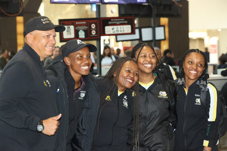 Banyana Banyana players are all smiles as they leave for the Women's World Cup at the OR international Airport in Johannesburg on July 4 2023.