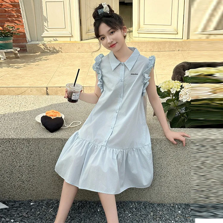 Robe d'été fille Style preppy Chemise et jupe combinées Confortable et tendance pour l'été Idéale pour jouer et rester au frais