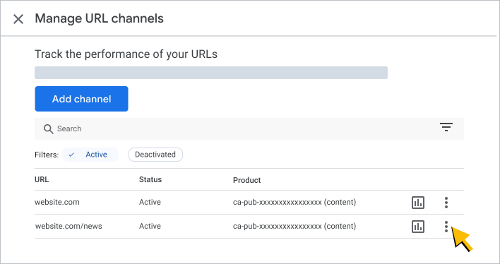 The AdSense reports interface showing where to  manage URL channels.