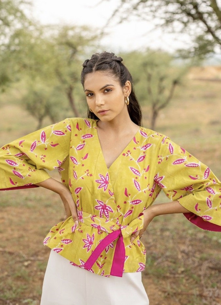 Yellow Pink Hand Block Printed Cotton Wrap Top 