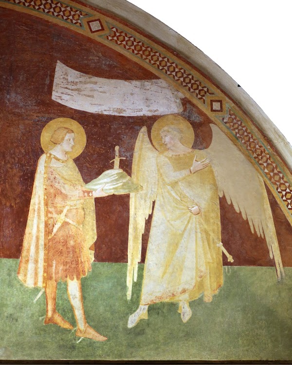 Ambrogio Lorenzetti, San Galgano viene condotto da san Michele Arcangelo verso la Maestà, Montesiepi, cappella di San Galgano
