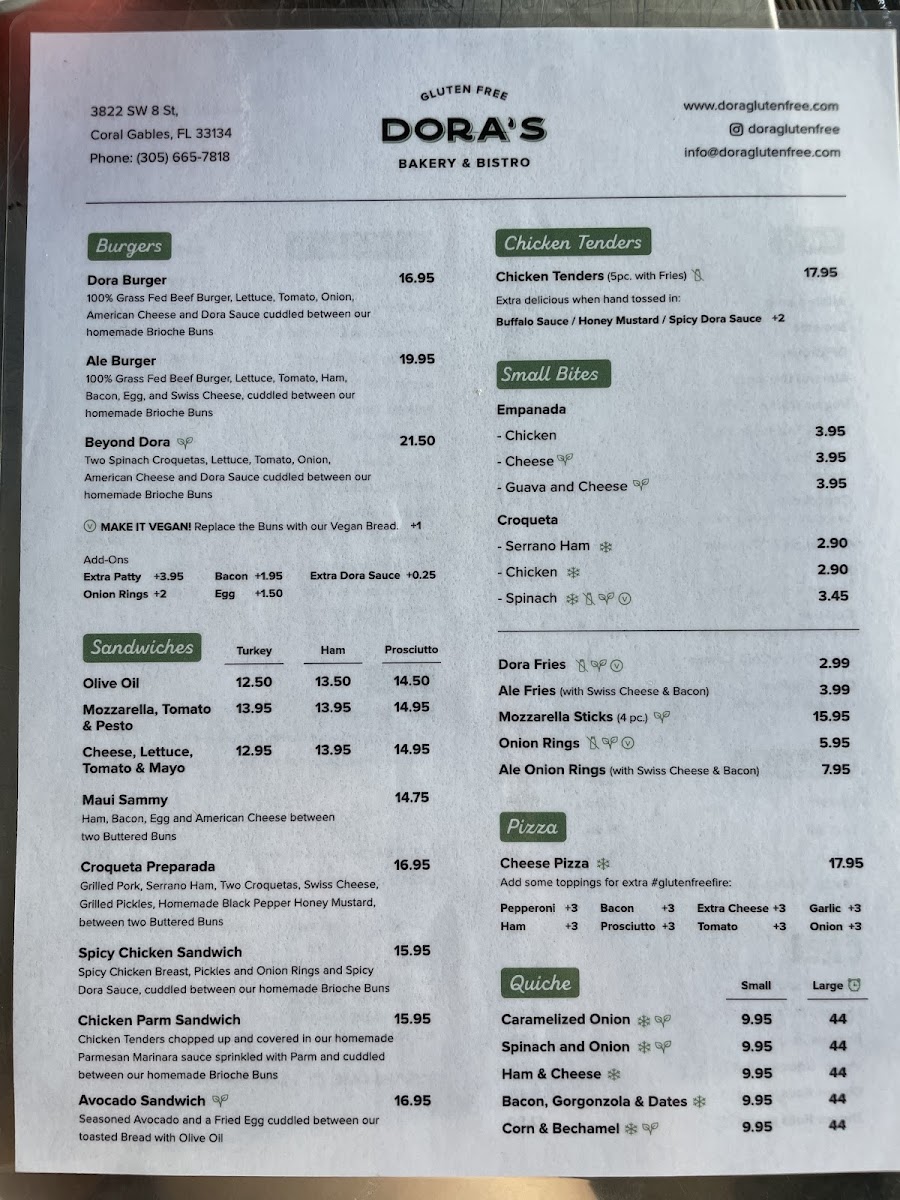 Dora's Bakery and Bistro gluten-free menu