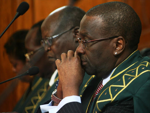 Chief Justice willy Mutunga leads The supreme court judges during the ruling on the election date. Photo/HEZRON NJOROGE