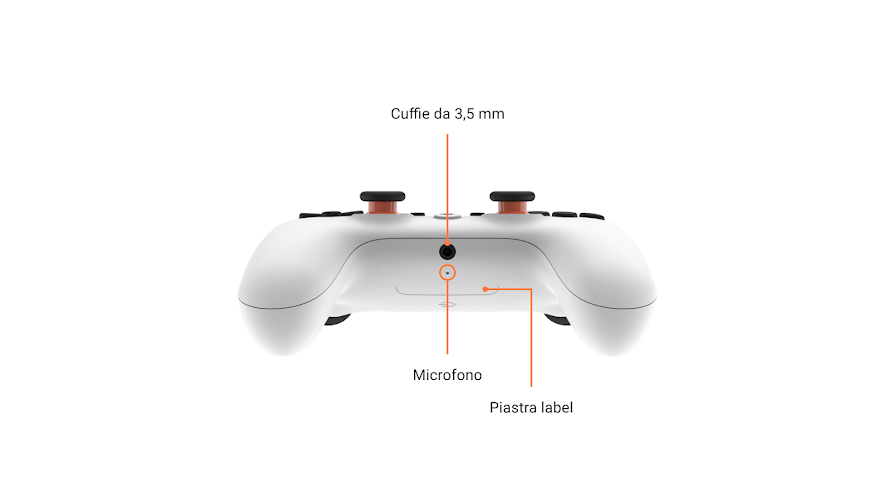 Parte inferiore del controller Stadia con microfono, jack per cuffie e targhetta delle etichette evidenziati.