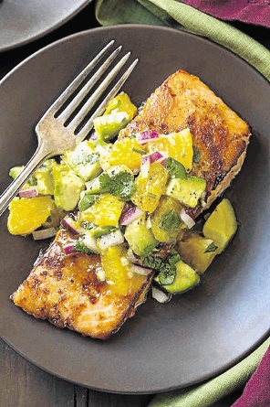 Honey glazed salmon with avo and citrus salsa.