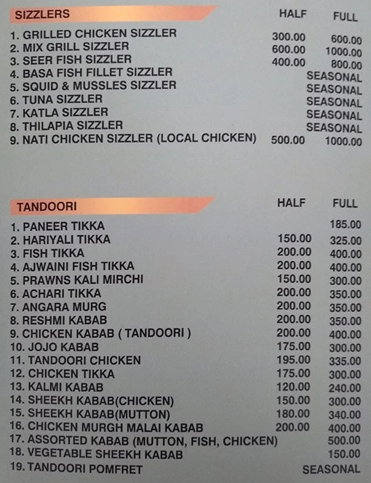 Malabar Restaurant menu 