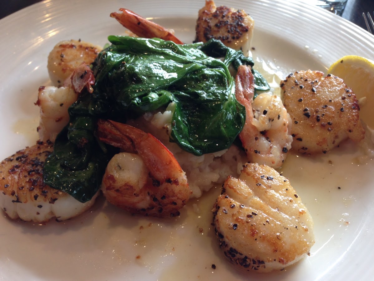 Grilled scallops, shrimp, spinach and risotto.