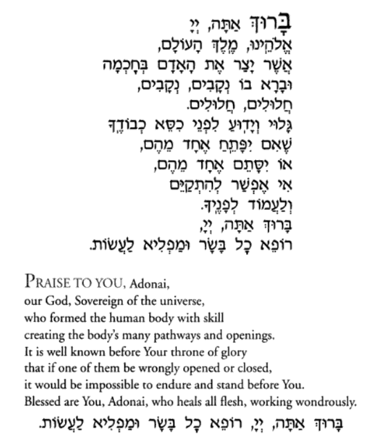 The text and translation of the prayer Asher Yatzar.