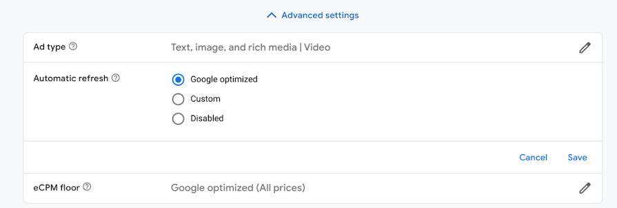 The "Automatic refresh" options in "Advanced settings" for banner ads