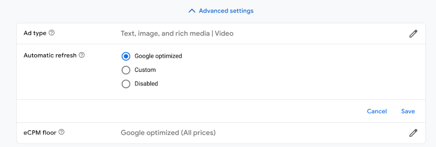 Opções de "Atualização automática" em "Configurações avançadas" para anúncios de banner