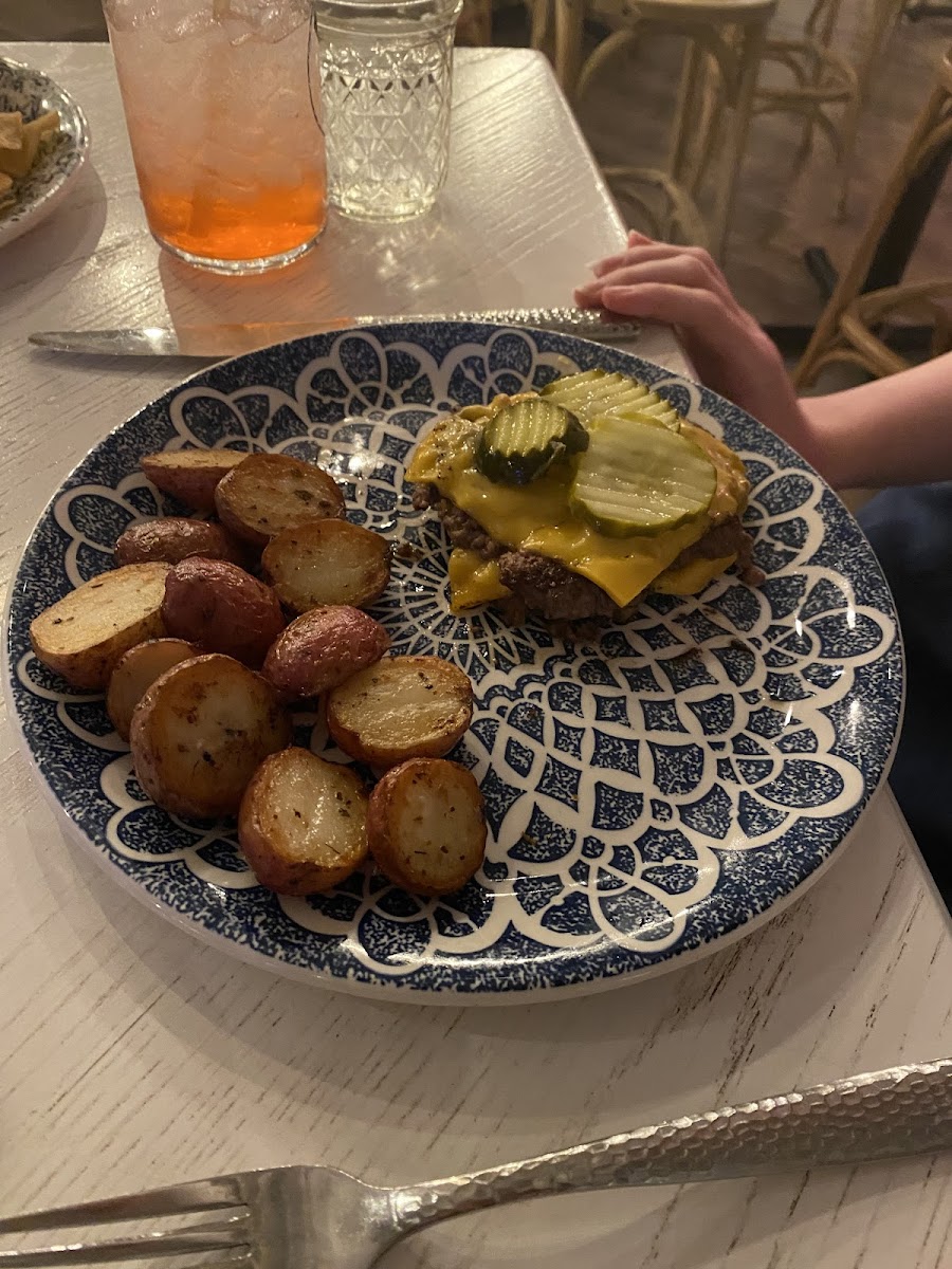 Hamburger no bun, sub potatoes for fries