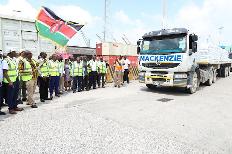 Agriculture Cabinet Secretary Mithika Linturi flags off 45,000 metric tonnes of fertiliser at the port of Mombasa on December 21, 2023.