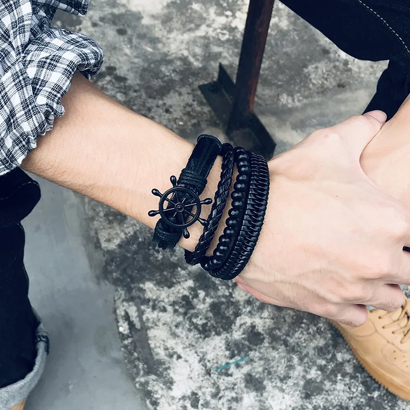 Rudder Wooden Bead Leather Woven Bracelet