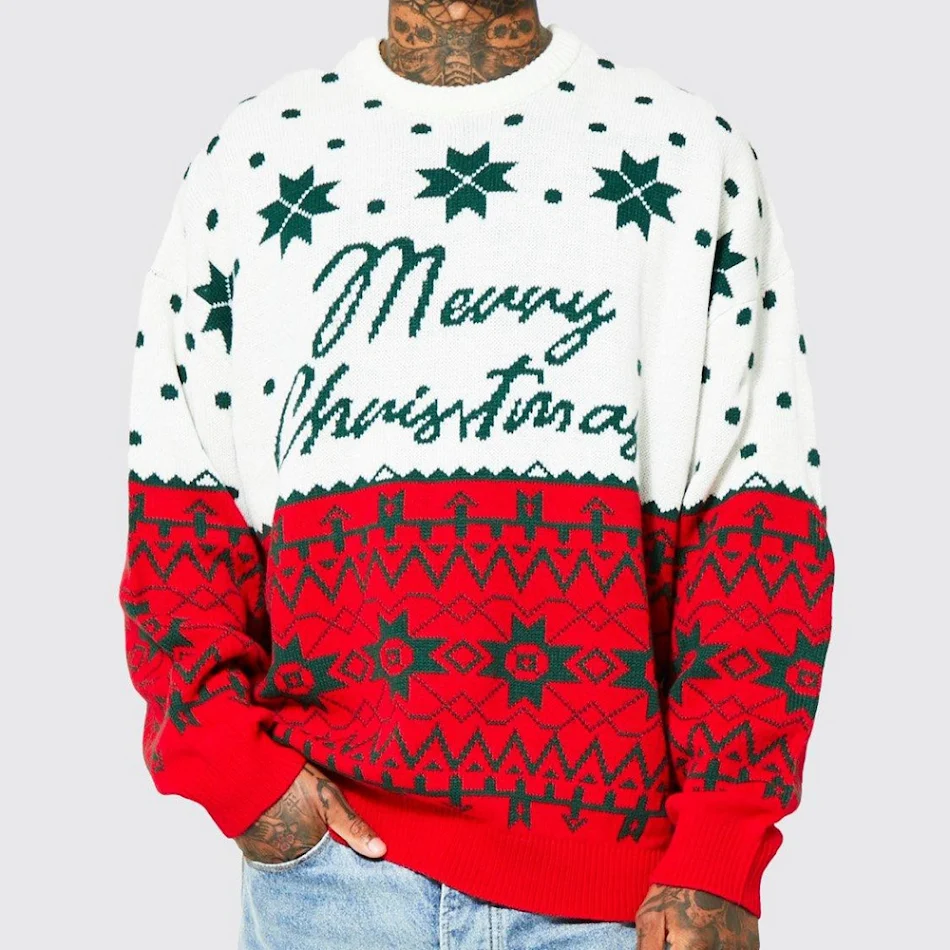 Pull de Noël en tricot jacquard ample, style européen et américain, pour femme, parfait pour l'automne et l'hiver, confortable et festif.