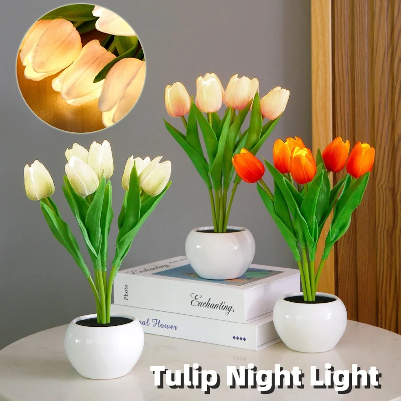LED Tulp Bloem Nachtlampje Kunstbloempot Tafel Lamp voor Slaapkamer Woonkamer Decoratie. Kunstplant.