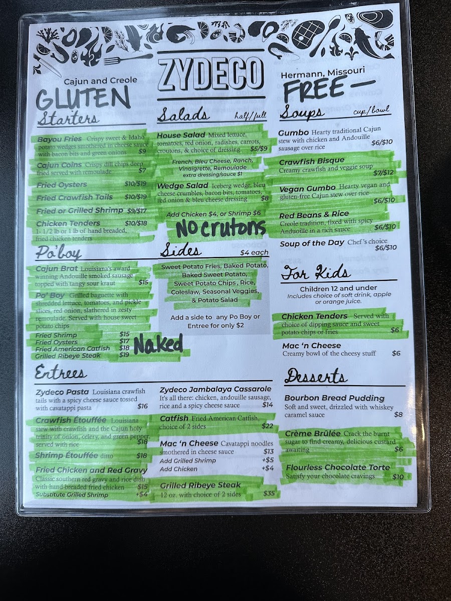 The menu! The breen items are gluten free. The only chnagebis that for the Po'Boy it woukd nees to be served over lettuce, but they are looking for a good gluten free bun option!