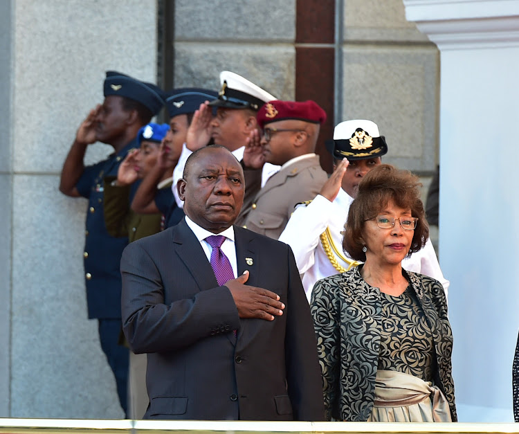 President Cyril Ramaphosa and his wife, Tshepo Motsepe, acknowledging the 21-gun salute on Friday at the state of the nation address in Cape Town.