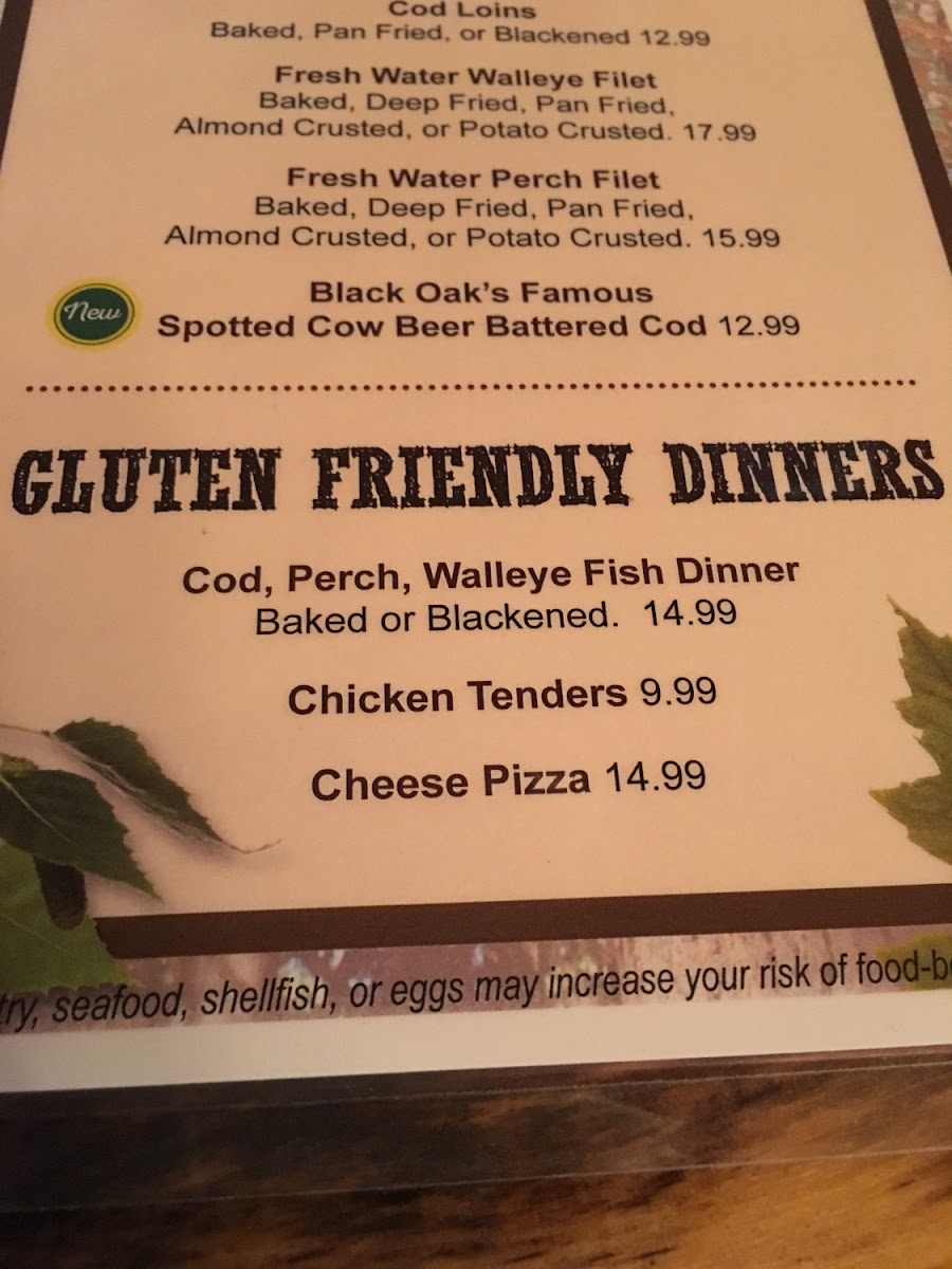 Black Oak Inn gluten-free menu