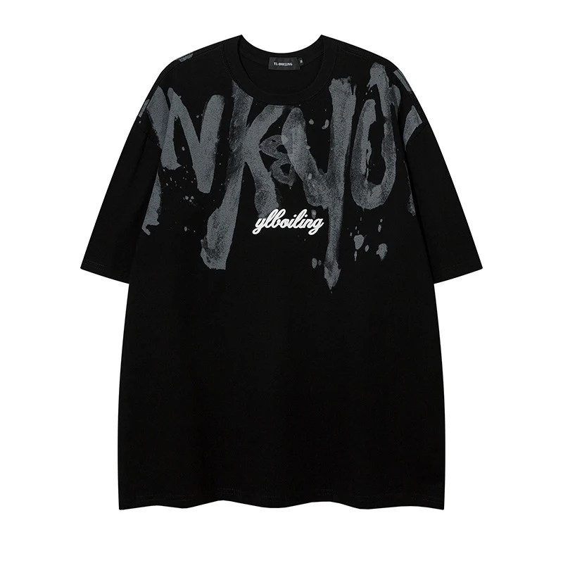 Amerikaanse Retro Graffiti Letter Print T-shirt Heren Korte mouw Streetwear Stijl Comfortabel en modieus voor dagelijks gebruik Casual en hip