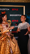 Actor Adjoa Andoh with guest at Bridgerton event 