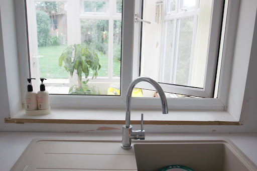 Kitchen fitted awaiting fitting of glass.