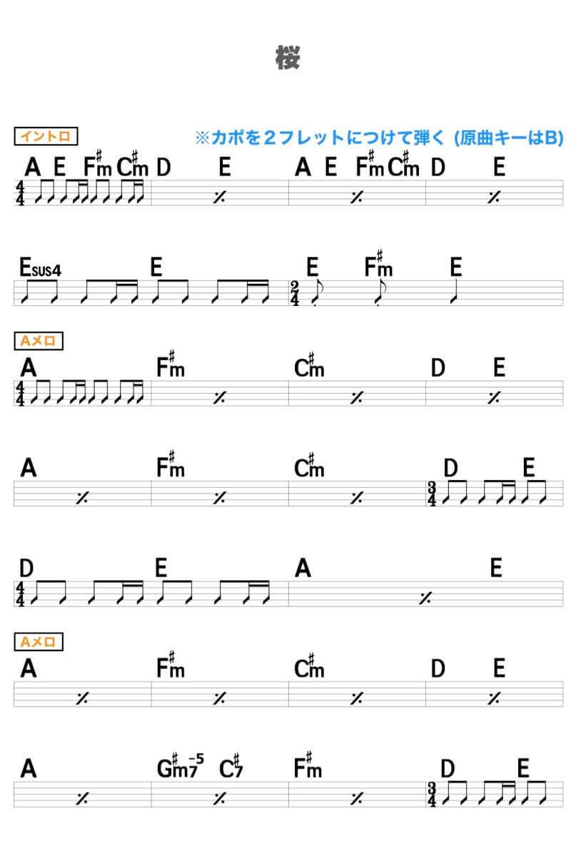 【ギターコード楽譜】 桜（コブクロ）のアコギ初心者向け練習用簡単スコア