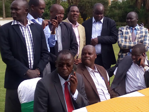 MCAs led by (seated) Julius Menjo, David Singoei and Josphat Lowoi at a meeting in Eldoret on the Moi University saga. /MATHEWS NDANYI