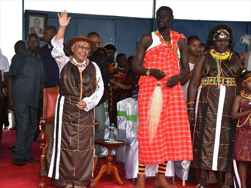 First Lady Margaret Kenyatta and Turkana Governor Josphat Nanok tours Kraals and homesteads of the different Turkana clans at the Lodwar, Ekaales Centre on April 19th, 2018 /HESBOUN ETYANG