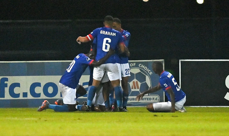 Maritzburg United players celebrate scoring during the Promotion/Playoffs 2022/2023 match against Casric Stars at Harry Gwala Stadium on May 31 2023.