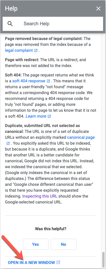 Click "Open in a new window" to open the help page in another window