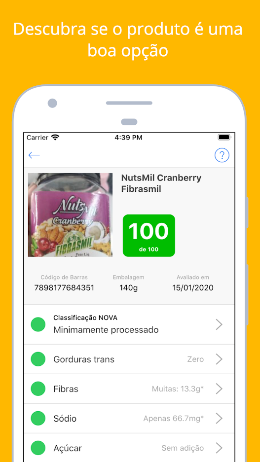Captura de tela do Desrotulando mostrando a classificação do alimento NutsMil Cranberry.