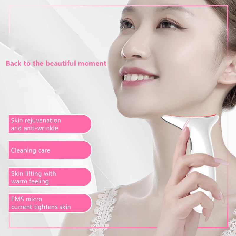 Appareil de beauté pour le cou avec massage, lumière colorée et rajeunissement de la peau. Détente et éclat.