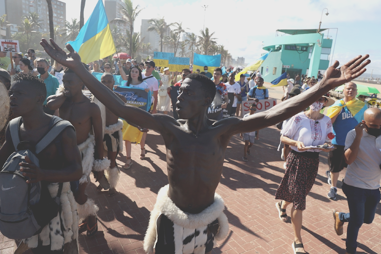 Dozens of people marched in Durban on Sunday in solidarity with Ukraine.