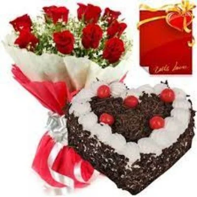 Blackforest Cake And 10 Red Roses Bunch