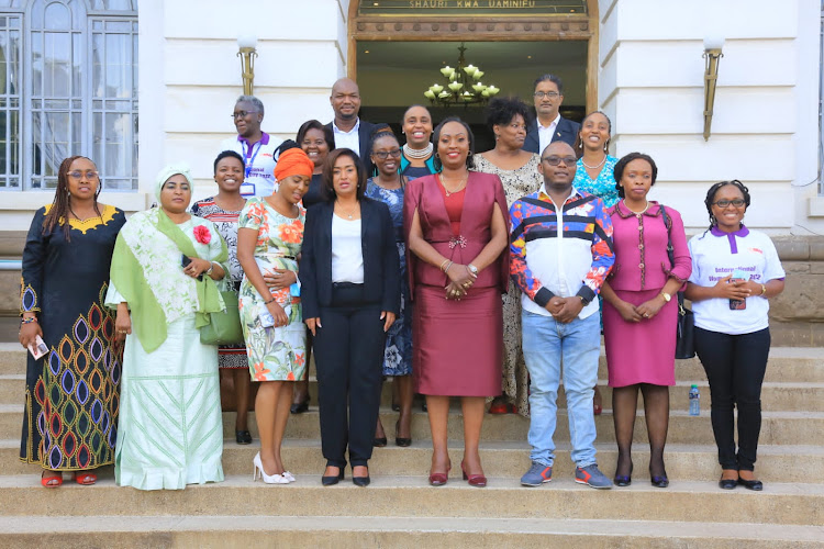 Nairobi Governor Ann Kananu flanked with executive members and MCAS after signing of MoU to construct Sh88 million SGBV safe house on March 8, 2022