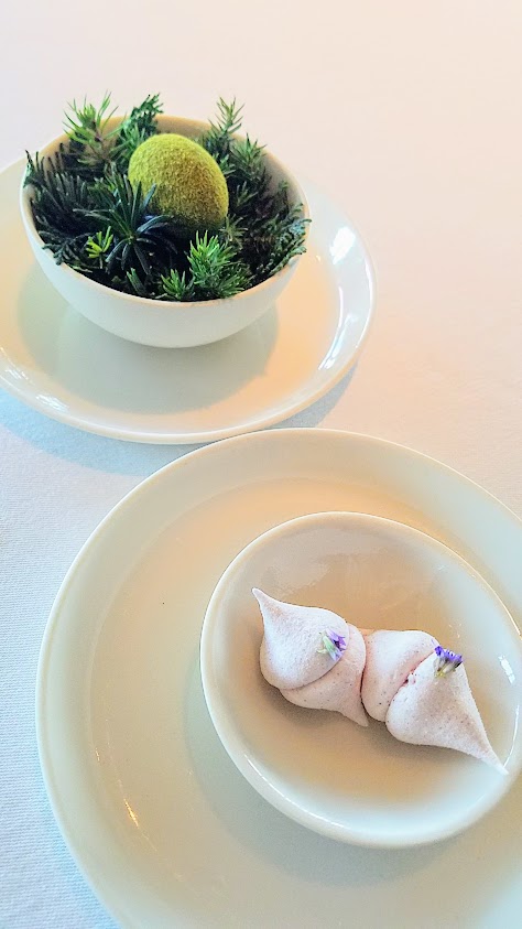 Green Egg with Pine and Marshmallow with Mint Flowers and Rosehip Petals sweets at Geranium, a three Michelin star restaurant in Copenhagen