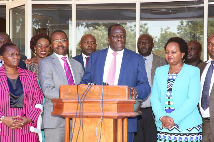 Council of Governors Chairperson Wycliffe Oparanya with other county bosses during a past press briefing.